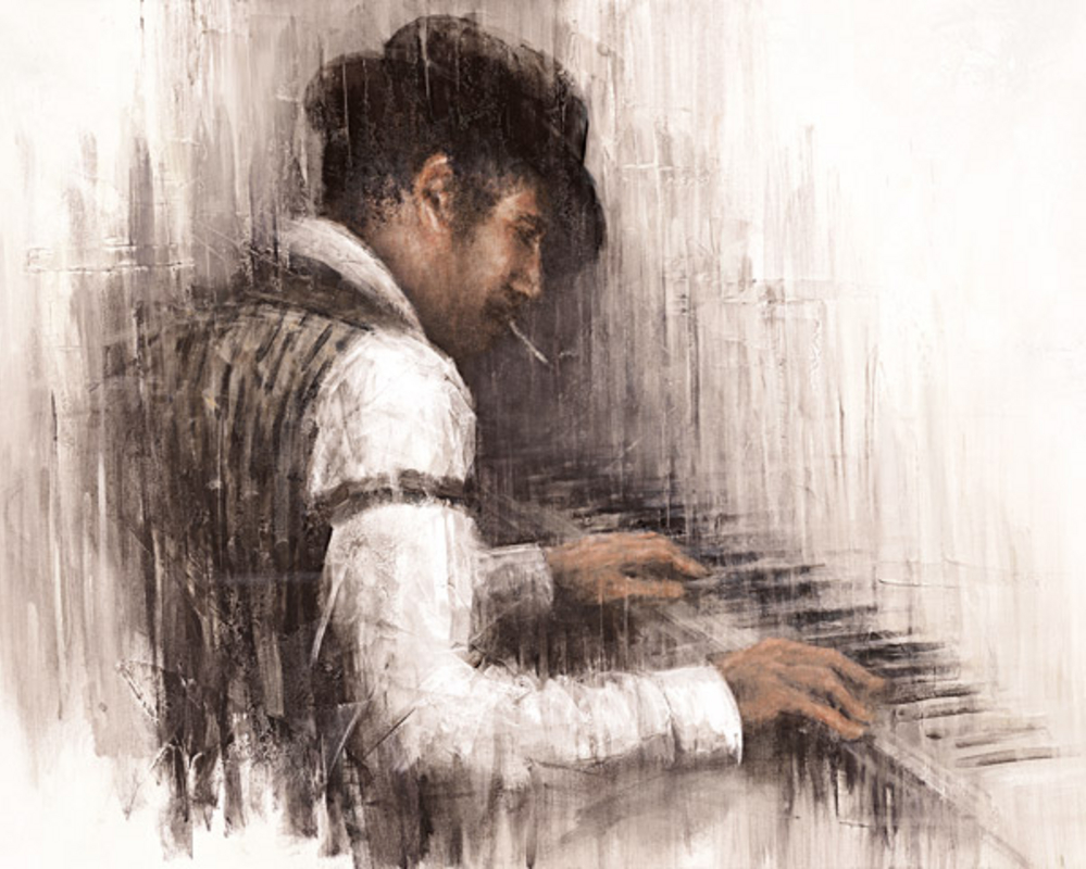Художник на холсте песня. Музыкальная картина Реми Лабарре. Пианист картины Реми Лебарре. Пианист акварель. Мужчина за роялем рисунок.